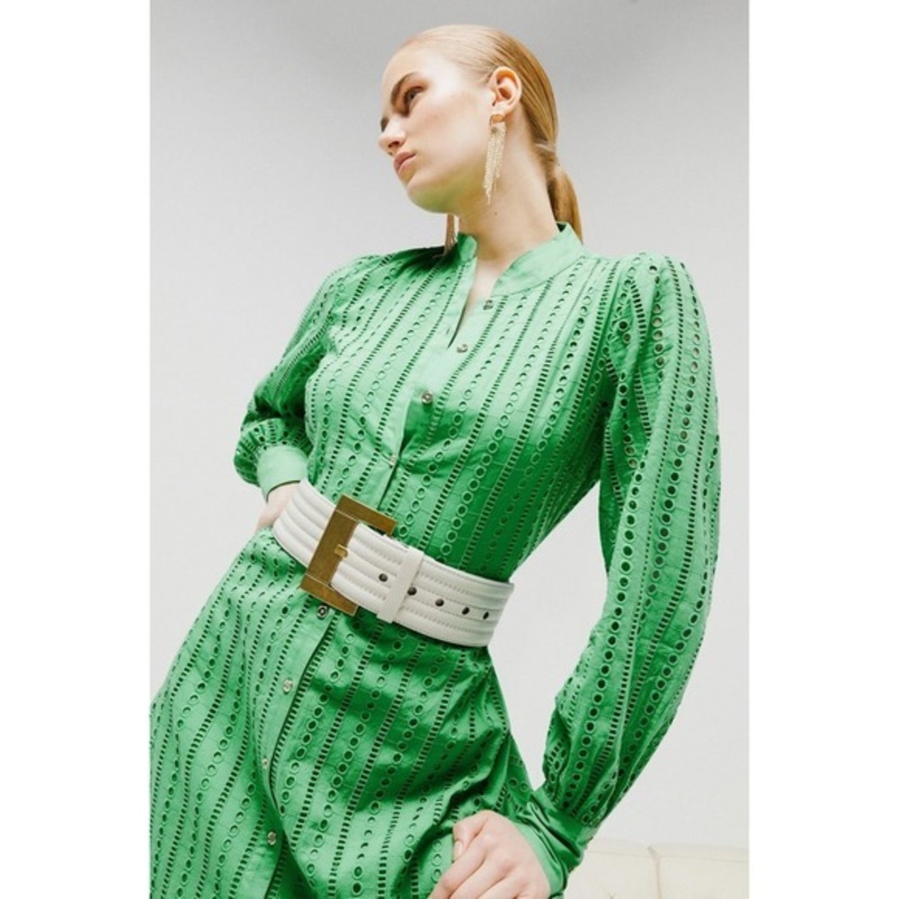 Karen Millen Eyelet Dress US 4 Green‎ Long Sleeve Shirt Dress